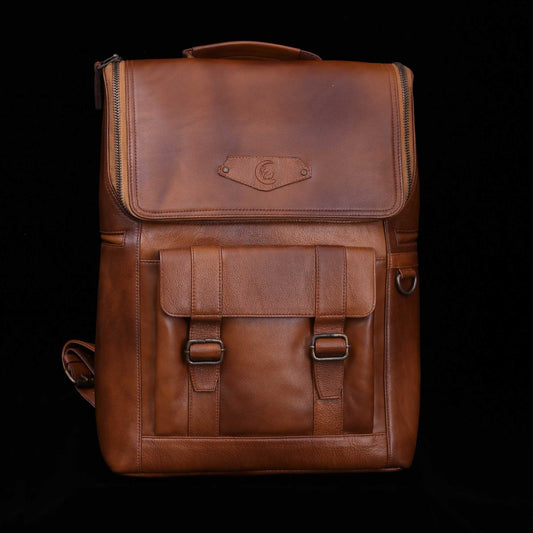 Brown full grain leather bagpack with laptop compartment